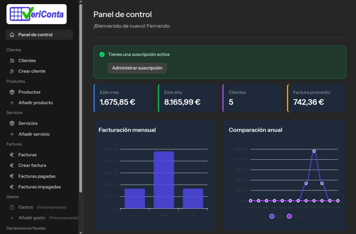Panel de control de VeriConta con estadísticas y resumen de facturación